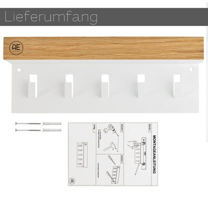 AE Günther® Key Rack Wood - White Steel Key Holder - Oak Key Board - Key Organizer with Tray - Keyring - Key Box - Wall Organizer - Key Rack (White)