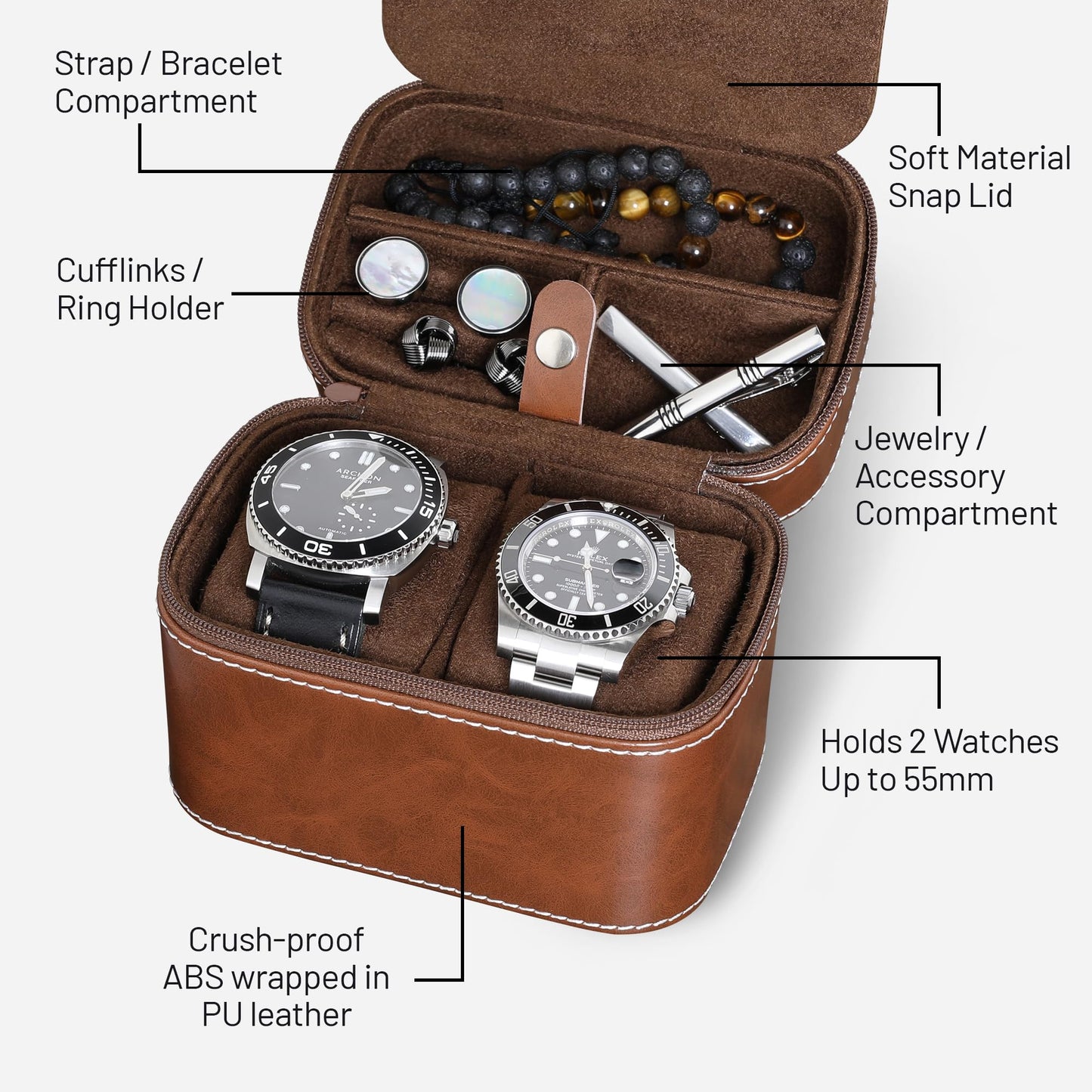 ROTHWELL 2 Watch Travel Case Storage Organizer for 2 Watches | Durable portable protection with zipper for all wristwatches and smartwatches up to 50mm (Tan/Brown)