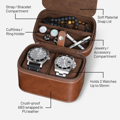 ROTHWELL 2 Watch Travel Case Storage Organizer for 2 Watches | Durable portable protection with zipper for all wristwatches and smartwatches up to 50mm (Tan/Brown)