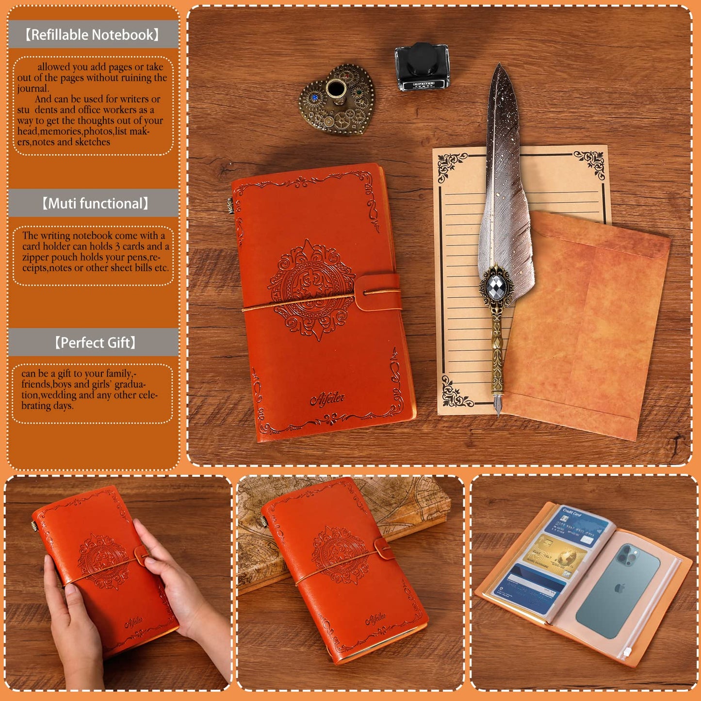MPRINCE Feather Calligraphy Set - Quill Pen and Ink, Notebook, Wax Seal Stamp - Beautiful Gift Set in Gray.