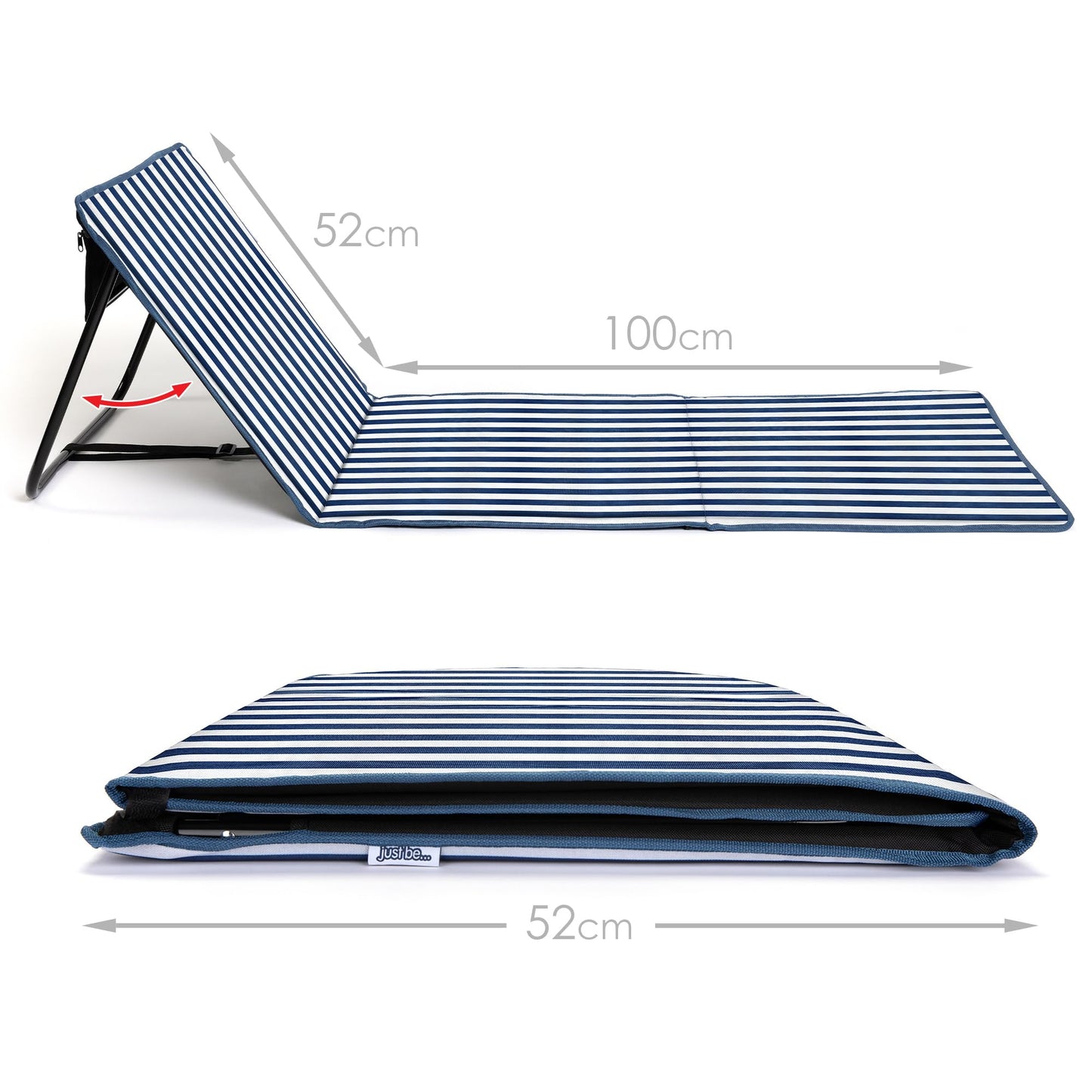 just be... Sun lounger for the beach, foldable, lightweight, portable, adjustable with backrest and pocket for valuables, for holidays, garden, camping, park, and festivals, blue stripes