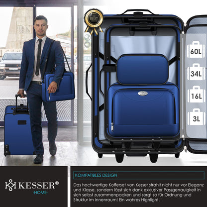 KESSER® 4pc Trolley Luggage Set | Travel Suitcase Set with Wheels | Complete Business 4pc Set | S M L XL | Mesh Pocket | Telescopic Handle | Fabric Travel Bags | Carry-on | Blue