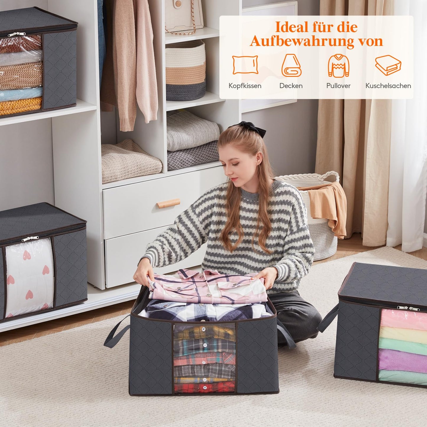 Lifewit 8 Pack Large Storage Box with Lid, Storage Bag for Quilts Clothing Storage Wardrobe Organizer, Foldable Moving Boxes for Blankets Clothes, Gray