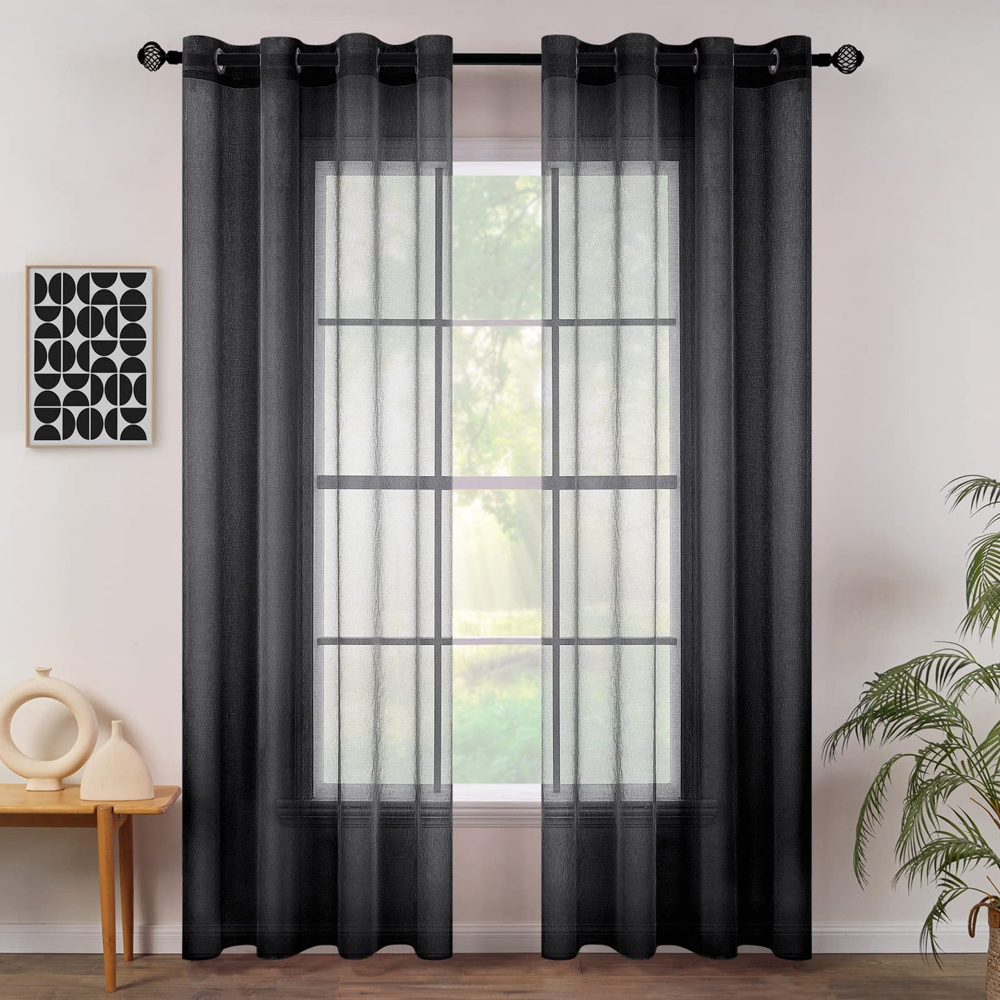 MIULEE 2-Pack Sheer Voile Curtain with Grommets, Transparent Curtain made of Voile Polyester for Living Room Airy Decor Curtain for Bedroom 140 X 260 cm (W x H), Grommet Top Black