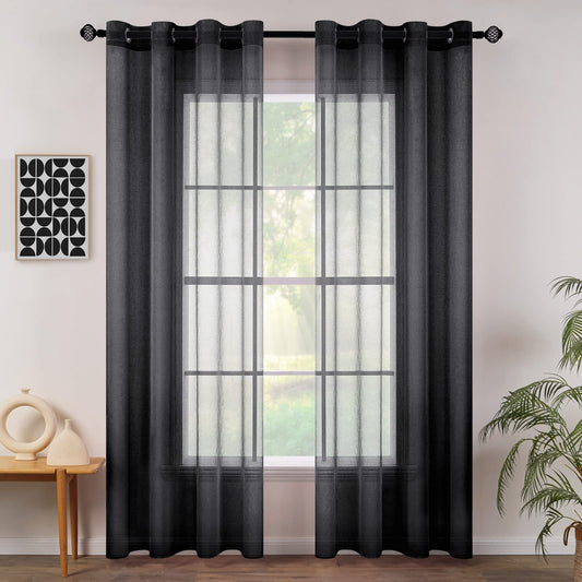 MIULEE 2-Pack Sheer Voile Curtain with Grommets, Transparent Curtain made of Voile Polyester for Living Room Airy Decor Curtain for Bedroom 140 X 260 cm (W x H), Grommet Top Black