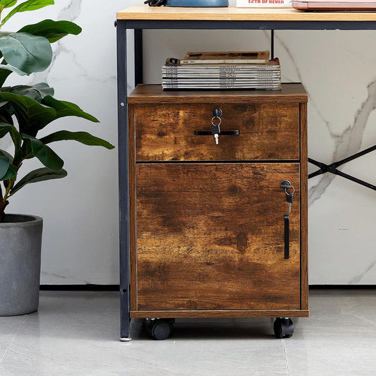 OFCASA mobile file cabinet with 1 drawer and 1 door lockable file cabinet office drawer on wheels industrial wood rolling cabinet for home office 40 x 40 x 55 cm