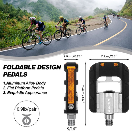 KABON foldable bike pedals anti-slip bike pedal set with reflectors waterproof bike pedals suitable for all bike types 9/16" (Black)