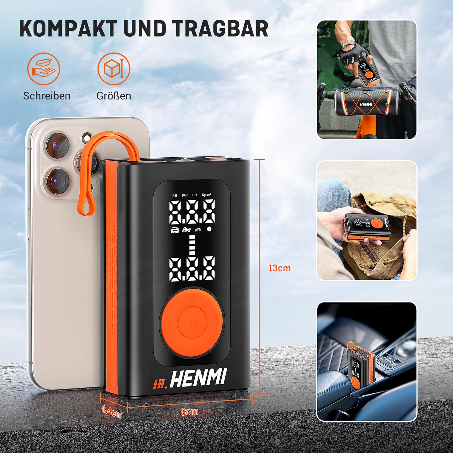 HENMI Electric Air Pump 7500mAh, Portable Mini Compressor with all valves 10.3 Bar, Electric Bicycle Pump with Digital Display Gauge for Bicycle, E-Bike, Car, Motorcycle, Balls.