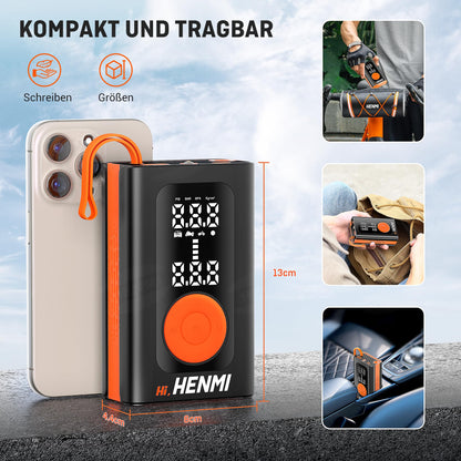 HENMI Electric Air Pump 7500mAh, Portable Mini Compressor with all valves 10.3 Bar, Electric Bicycle Pump with Digital Display Gauge for Bicycle, E-Bike, Car, Motorcycle, Balls.