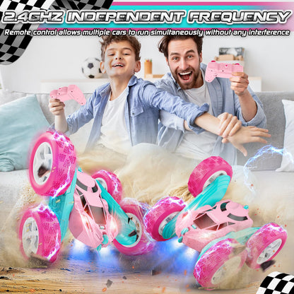 Cosone Remote Control Car for Girls, All-wheel Off-road Stunt RC Car with Headlights, Double-sided 360° Rotating Toy, Gifts for Kids 6+ (Pink)