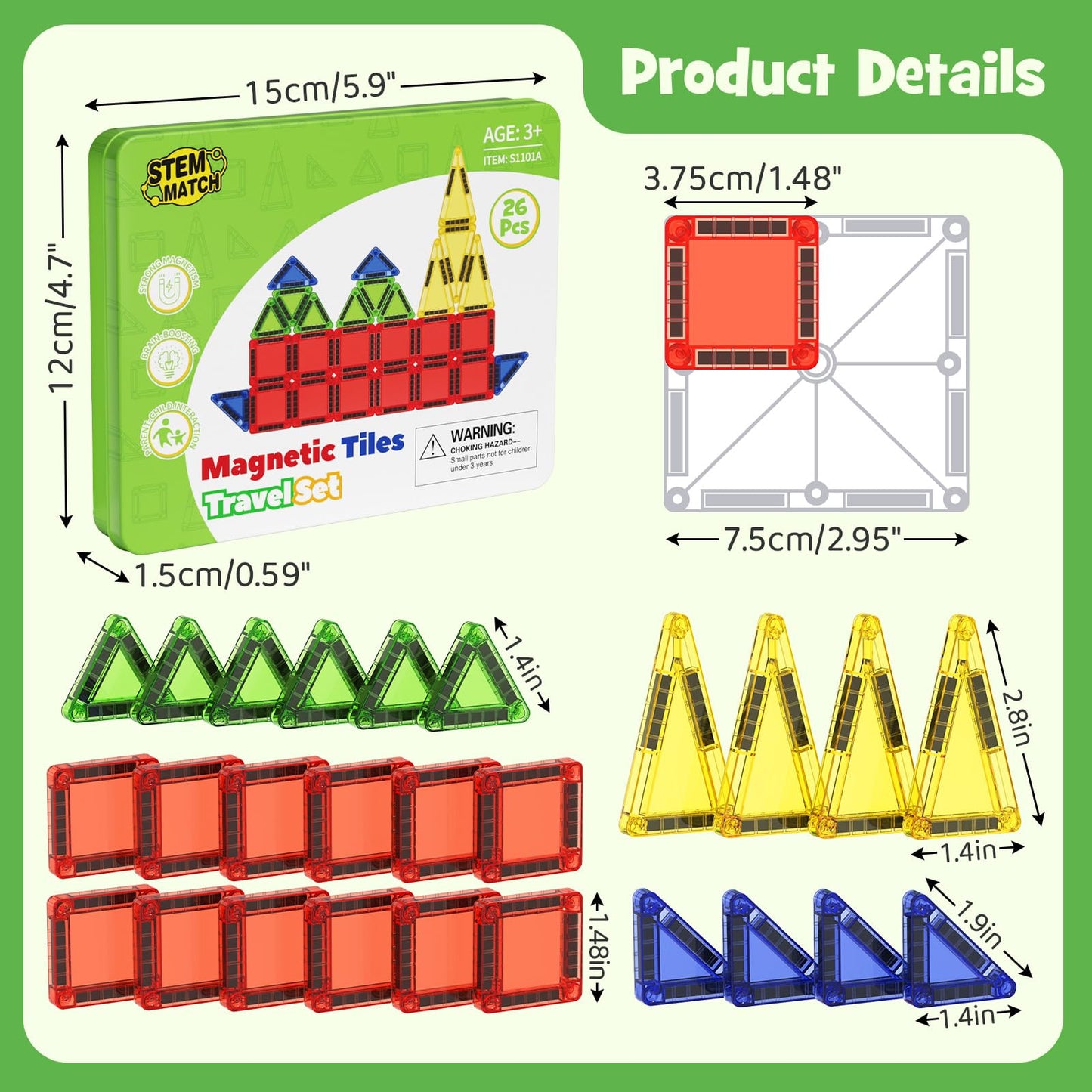 Magnetic Tiles Building Set Travel Toy for Kids Portable Travel MINI Magnetic Tiles Toy Magnetic Construction Kit Gift for 3+ Years Toddlers (26pcs Magnetic Tiles)