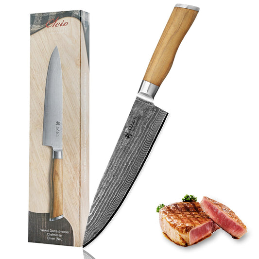 Wakoli Olive Damascus Kitchen Knife | Knife with 20cm blade made of 67 layers of Damascus steel with VG10 core | Olive wood handle | For meat, vegetables & fruits | Chef's knife in gift box - Sharp kitchen knife