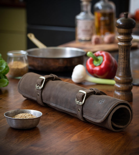 Angus Stoke Chef Knife Roll Leather - Genuine Leather Chef Knife Bag Large - Knife Bag Lockable - Chef Bag Sam (Dark Brown-Antique)