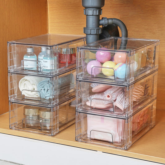 Vtopmart 4 Pieces Stackable Storage Drawers, transparent Acrylic Drawers Organizers with Handles, Storage Organizer for Fridge, Bathroom, Closet, Pantry