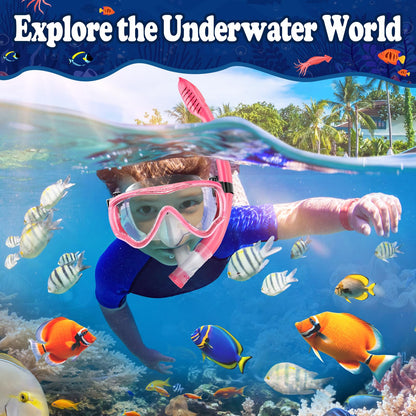 UPhitnis Kids Snorkel Set - Anti-Fog Dive Mask and Dry Snorkel - Leak-Proof Snorkel Mask - Snorkeling Gear for Boys Girls - Pink, Blue, Black, Yellow