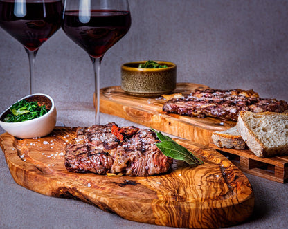 SOLTAKO Olive Wood Steak Board, Large Cheese Board, Handmade Serving Plate, Wooden Charcuterie Board, Rustic Cutting Board with Juice Groove, Kitchen Accessory (1, 15-17 Inches)