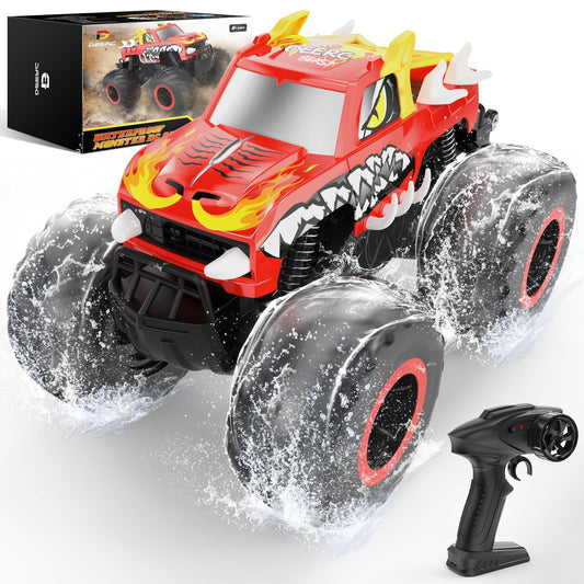 DEERC Amphibious Remote Control Car 1:16, 4WD Off-Road Monster Trucks in Fire Dragon Design with 2 batteries for land and water, 360 degree rotation, perfect gift for kids aged 6,7,8,9,10+ years.