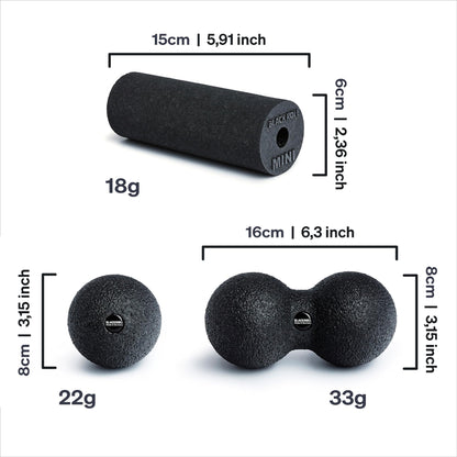 BLACKROLL® BLACKBOX fascia rollers for self-massage: Set includes STANDARD and MINI fascia rollers, BALL 08 fascia ball, and DUOBALL 08 for effective training. Made in Germany.
