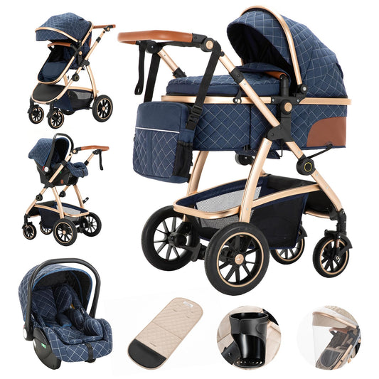 Gcarebb 3 in 1 stroller, buggy with car baby seat, with height-adjustable stroller set, combi stroller with aluminum frame for newborns 0-4 years.
