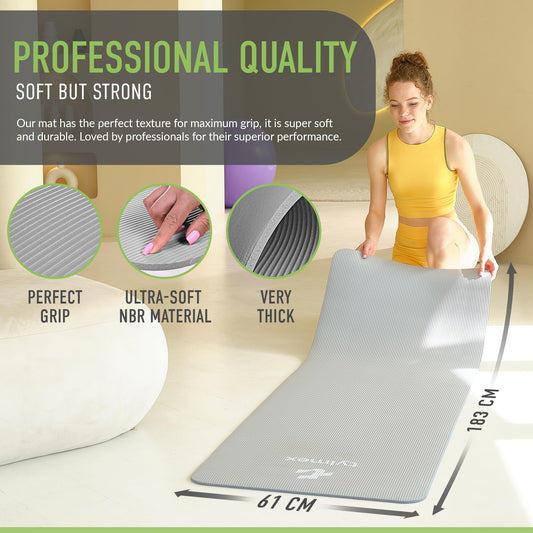 Tylmex non-slip yoga mat 8mm thick | Fitness, Pilates & gymnastics mat for home & outdoor | NBR sports mat with carrying strap & online exercise guide - Gray