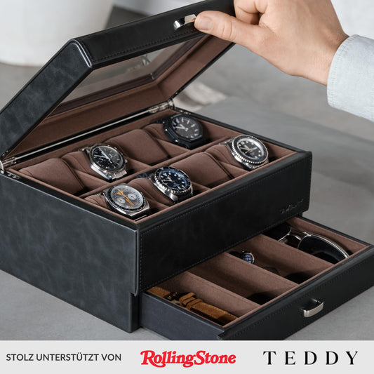 TAWBURY watch box for men up to 8 watches - black watch and jewelry storage box with drawer for men | Faux leather watch storage case | Luxury watch box for men | Watch holder