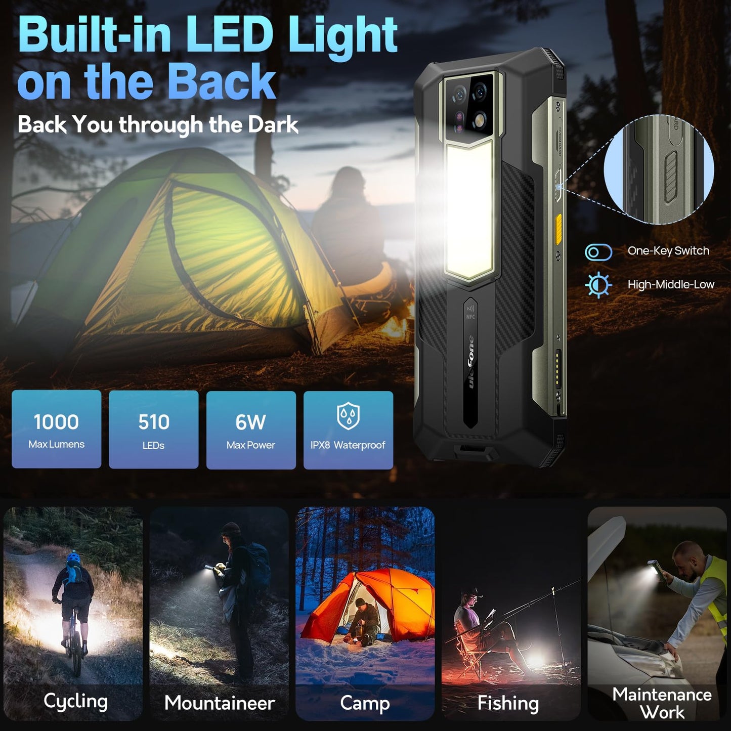 Ulefone Armor 24 outdoor phone with 1000 lumen flashlight, Android 14, 24GB+256GB/2TB SD, 64MP+64MP+16MP night vision, 120Hz 6.78" FHD+ IP68 smartphone, 4G dual SIM/NFC/fingerprint ID GPS OTG.