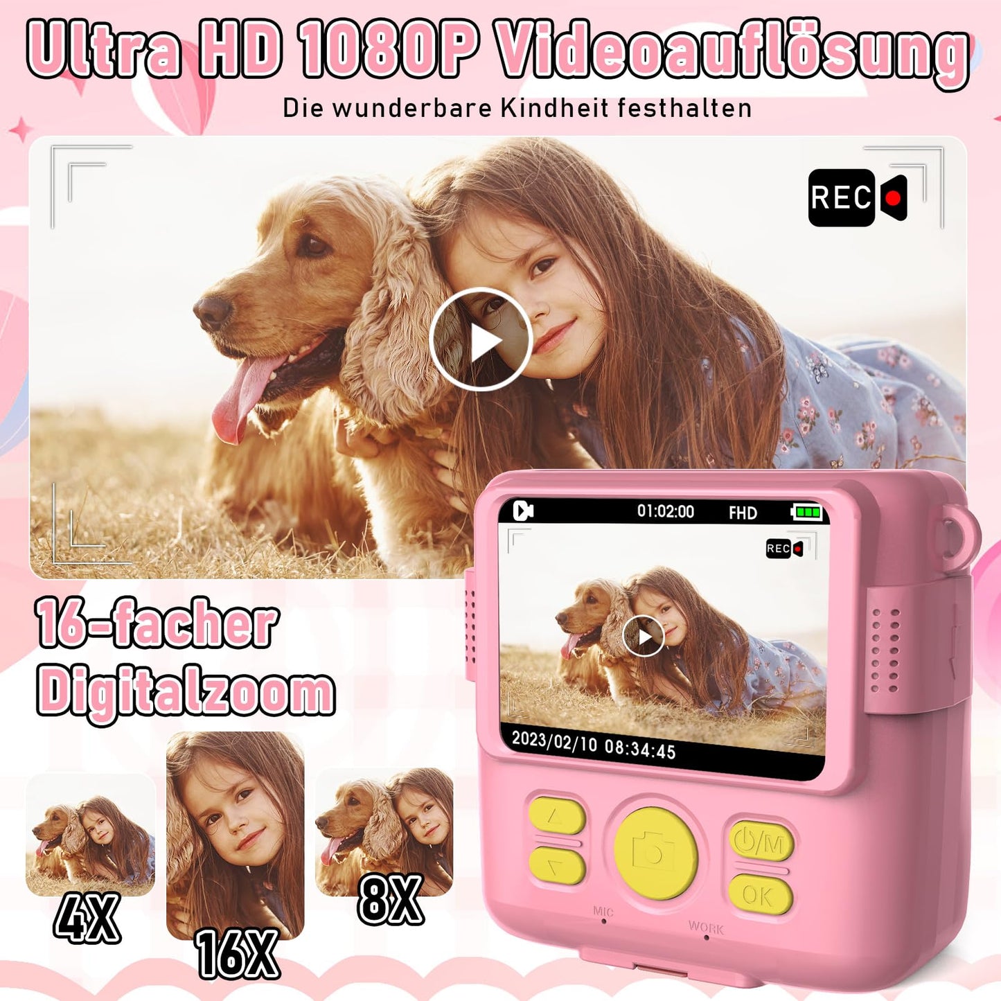 MILFECH Kids Camera Instant Camera, 1080P 2.4 Inch Screen Digital Camera for Kids with 5 rolls of printing paper, 32GB card, camera with 6 colored pens, 2 stickers. Perfect gift for kids (Pink)