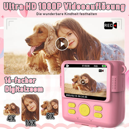 MILFECH Kids Camera Instant Camera, 1080P 2.4 Inch Screen Digital Camera for Kids with 5 rolls of printing paper, 32GB card, camera with 6 colored pens, 2 stickers. Perfect gift for kids (Pink)