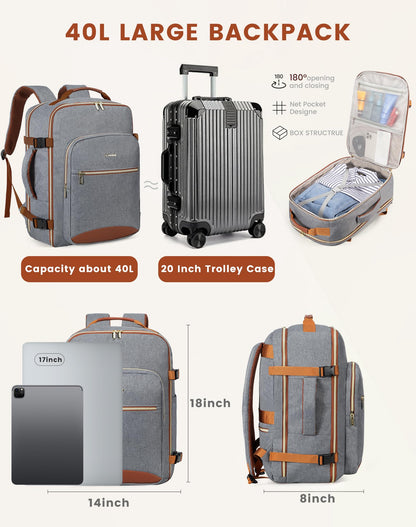 LOVEVOOK carry-on backpack, 40L large travel backpack for women, airplane suitcase travel backpack, waterproof duffel with 17-inch laptop compartment for travel, business trip, weekend hiking, gray.
