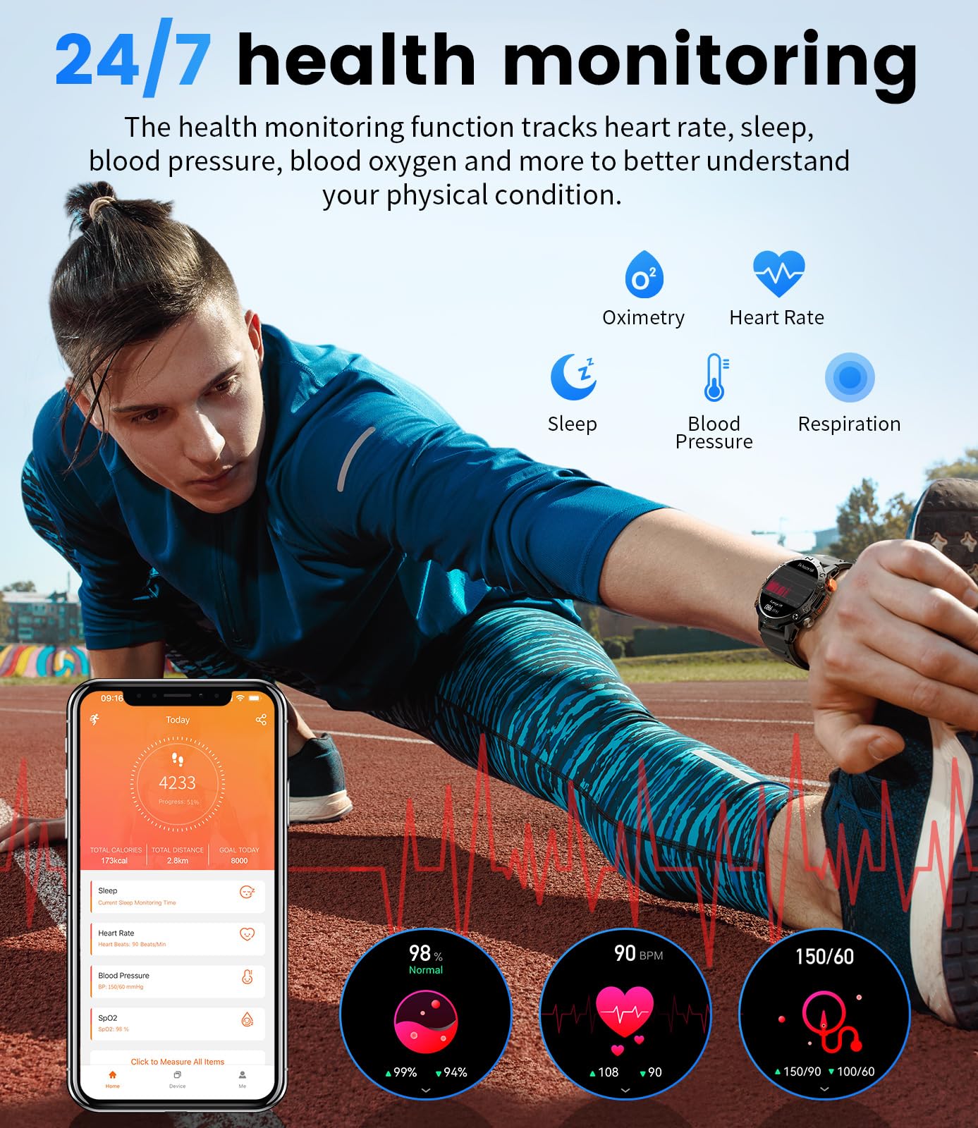 SIEMORL Smartwatch for Men with phone function, fitness tracker 1.43" AMOLED display men's smartwatch with heart rate monitor sleep monitor pedometer, 100 sports modes IP68 calories Android iOS
