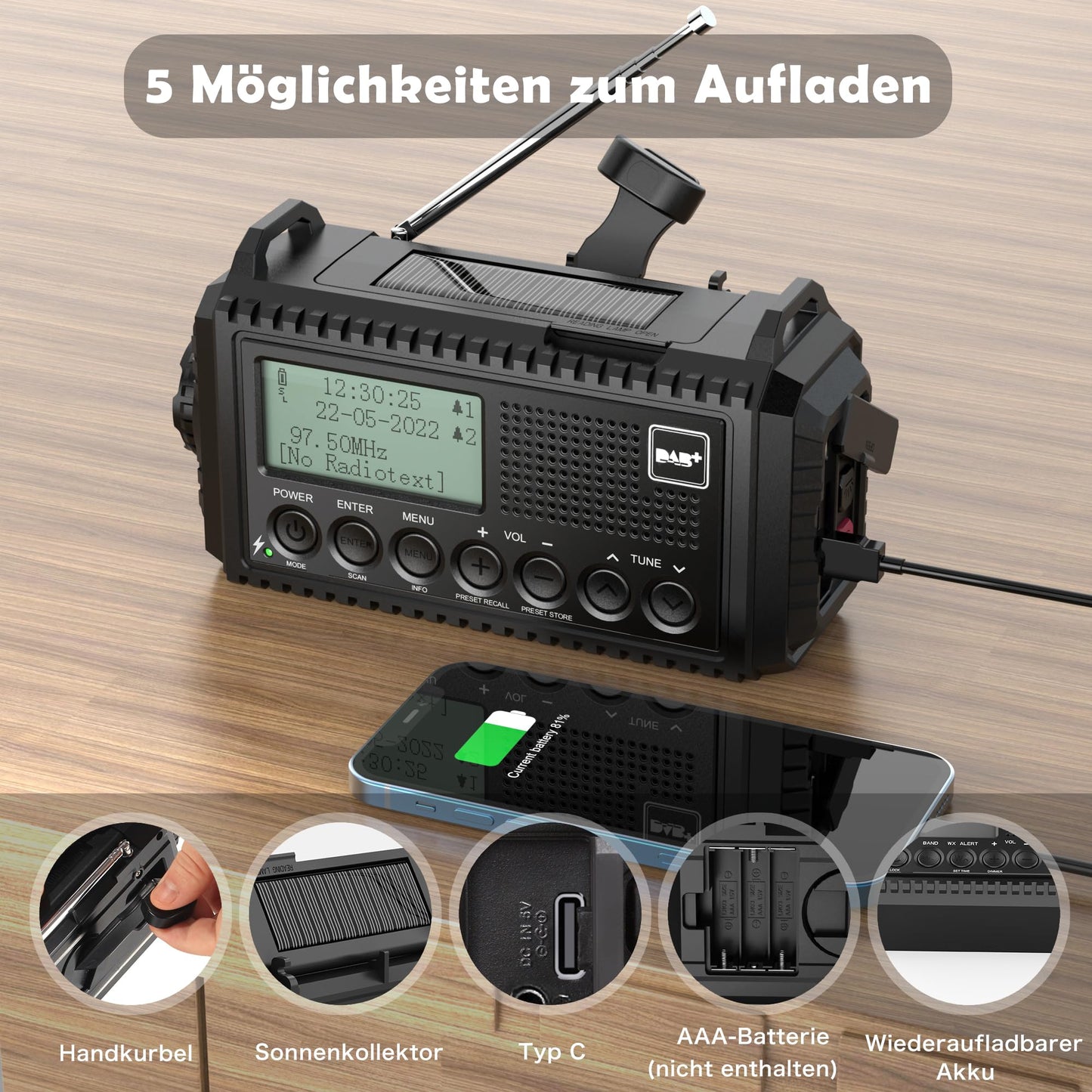 Crank radio DAB/FM, portable solar radio with LED flashlight & reading light, DAB+/FM dynamo radio IPX4, 5000mAh rechargeable emergency radio and SOS alarm. Suitable for hiking, camping, outdoor activities.