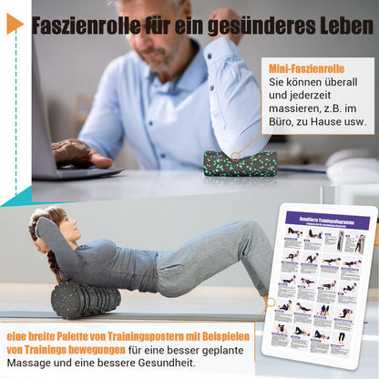 Fascia roller set, set with 3D texture massage fascia roller, mini fascia roller, fascia ball, and duo ball. Fascia set for training muscles, connective tissue, and metabolism, with training posters.
