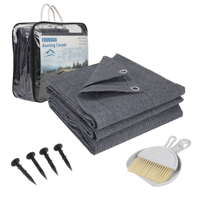 FoundGo awning carpet with eyelets [280g/m² HDPE] Camping carpet Outdoor awning floor including carrying bag Steel nails & Small broom Blue/Grey 250x500cm