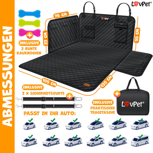 Lovpet trunk protector with side and bumper protection, dog blanket for car back seat with window & accessories. Premium dog car seat cover - waterproof, scratch-resistant & universally applicable in black.