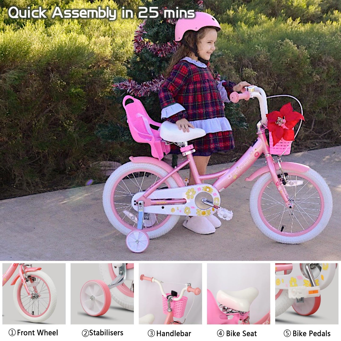Glerc Maggie 16 inch kids' bike for 4-7 year old girls. Princess style with doll seat, basket, training wheels, and bell. Perfect birthday gift, in pink to white.