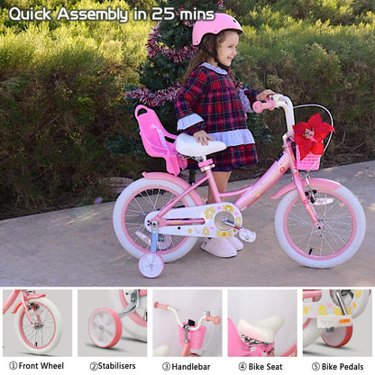 Glerc Maggie 16 inch kids' bike for 4-7 year old girls. Princess style with doll seat, basket, training wheels, and bell. Perfect birthday gift, in pink to white.