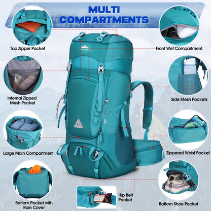 IGOLUMON trekking backpack 60L hiking backpack for men and women travel backpack large backpack with rain cover for camping trekking mountaineering outdoor travel, green