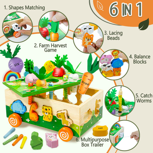 MutoToy® Montessori Toy for 1 year olds, 6 in 1 Multifunctional Wooden Toy for 1 2 3 year old kids, Farm Motor Skills Toy made of wood, Animal Sorting and Stacking Learning Toy Gift for Girls Boys.