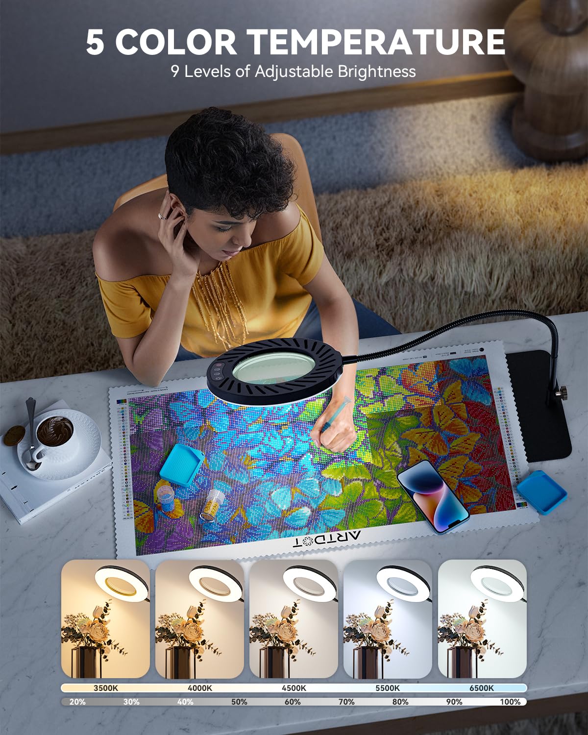 ARTDOT 10X magnifying glass with light and stand, magnifier lamp with 144 LEDs, 5 adjustable colors and 10 brightness levels, for Diamond Painting, reading, crafting, jewelry making, model building.