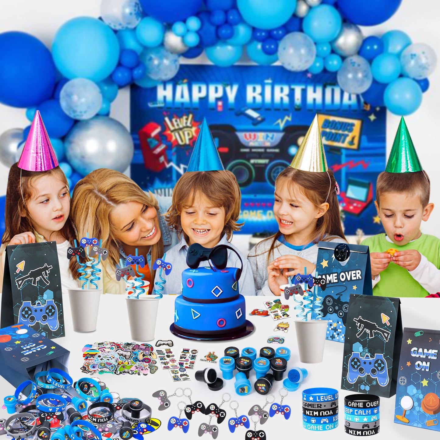 Video game party favors for kids' birthdays: straws, silicone bracelets, gift bags, stamps, gamer controller keychains, VIP pass stickers. Great giveaways for children!