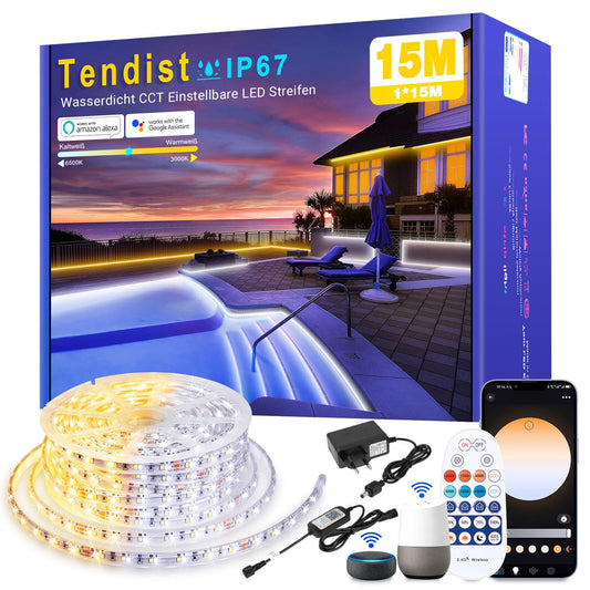TENDIST Led Strip 15M Outdoor Warm White To Cool White Dimmable, IP67 Waterproof Led Strip Alexa Compatible Wifi App and remote control, 24V Outdoor Led Tape Self-adhesive for Garden, Kitchen