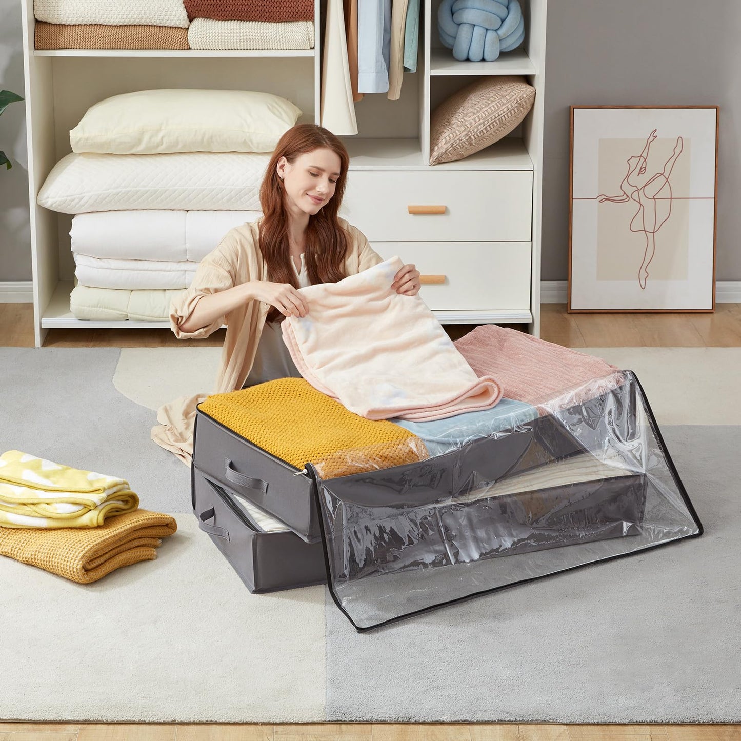 Lifewit 6-piece 75L Underbed Storage Bag, Underbed Clothes Storage Foldable Organizer with Lid, Clothing Storage Bag for Clothes Underbed Wardrobe, Gray.