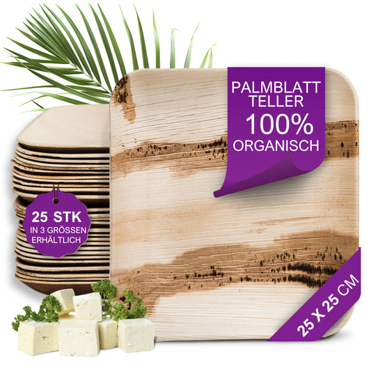 Waipur Organic Palm Leaf Plates - 25 large square pieces 25x25 cm - Premium disposable compostable tableware - Eco-friendly palm leaf dishes - similar to bamboo disposable plates.
