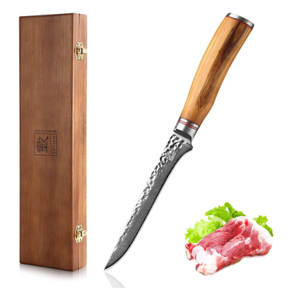 Zayiko Minami Olive Damascus Fillet Knife 6.5" Blade | 67-layer Damascus steel with hammered finish | Professional kitchen knife with flexible olive wood handle for precise filleting.