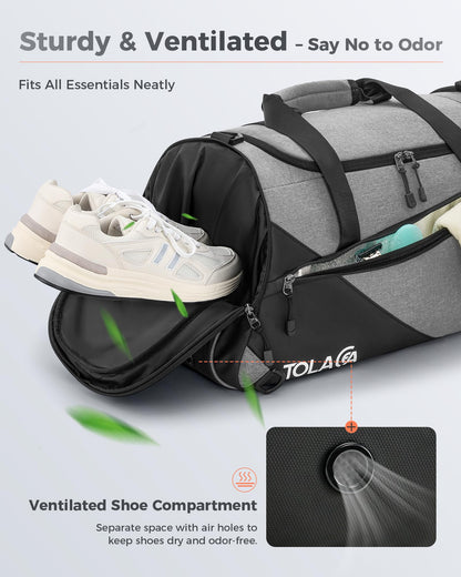 Tolaccea 47L Large Sports Bag Backpack with Shoe Compartment Wet Compartment Weekender Duffel Bag Gym Training Bag for Men Women Gym, Travel, Swimming, Sauna, Soccer (Gray)