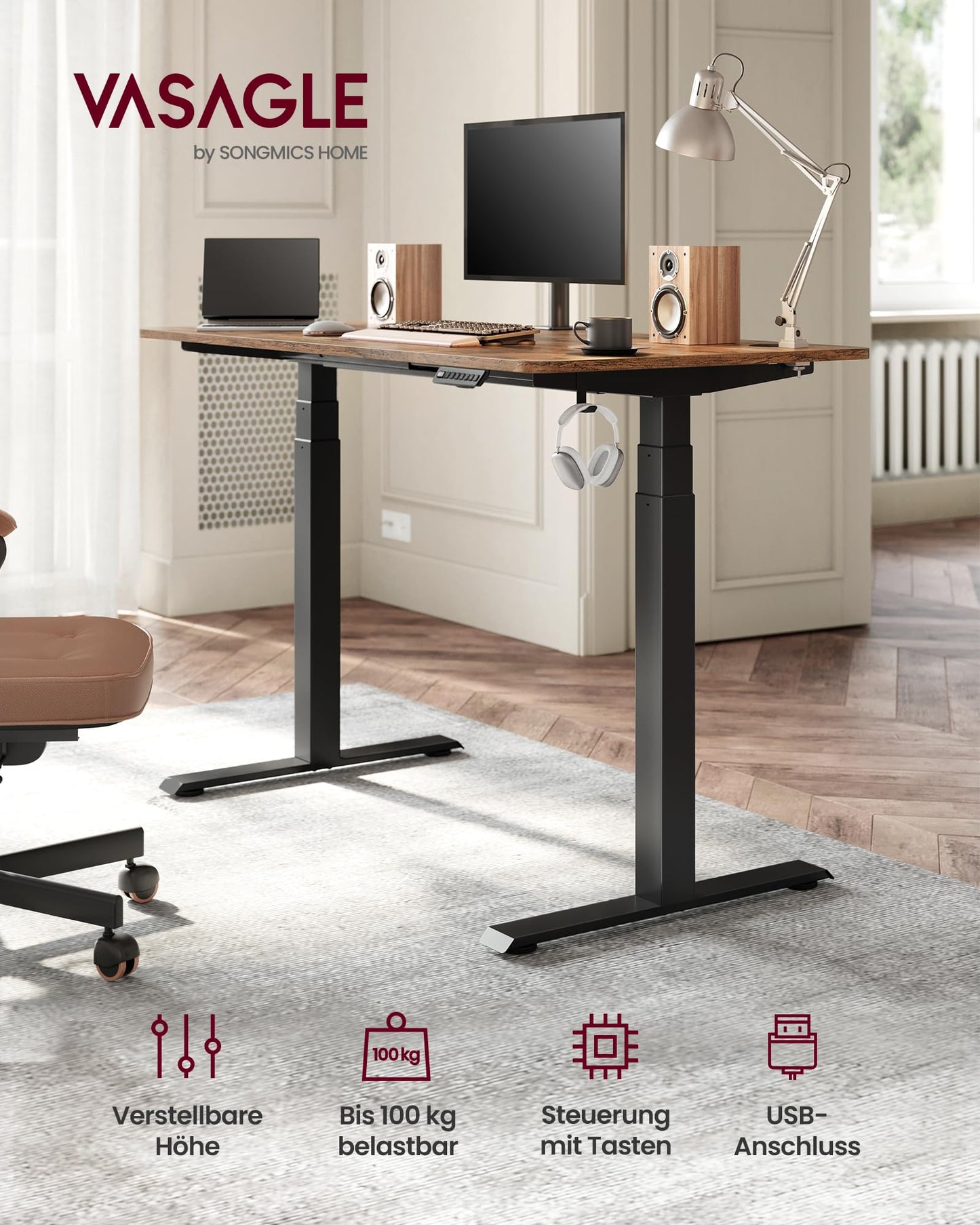 VASAGLE height adjustable electric desk, table base, dual motor, 3-stage telescopic legs, memory function with 4 heights, black LSD020B01
