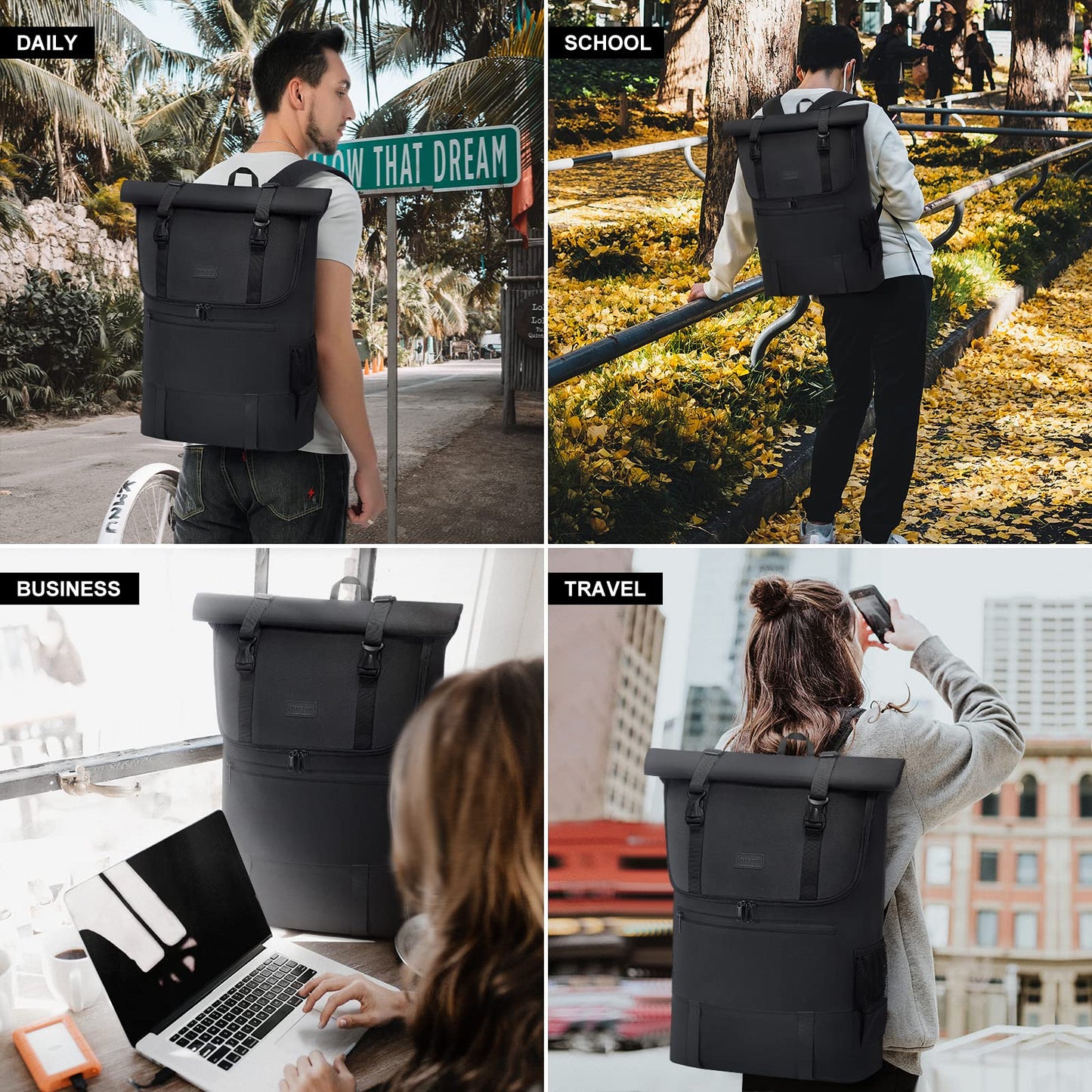 LOVEVOOK backpack for women and men, large waterproof laptop backpack 17.3 inch rolltop backpacks school backpack for college work travel, black grey