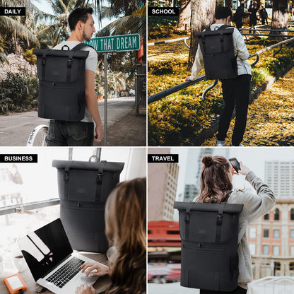 LOVEVOOK backpack for women and men, large waterproof laptop backpack 17.3 inch rolltop backpacks school backpack for college work travel, black grey