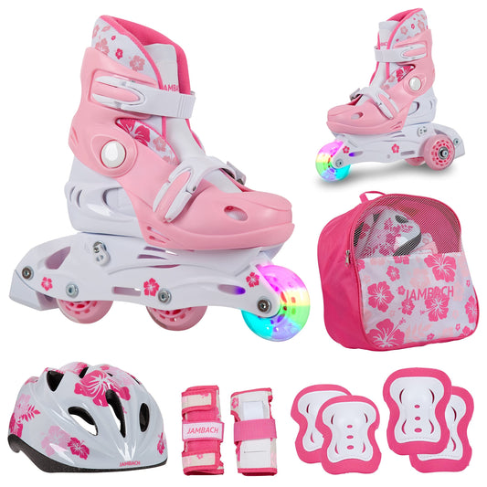 JAMBACH Children's Inline Skates with protective gear, adjustable to roller skates with LED lights (Pink-White, XS (26-29))