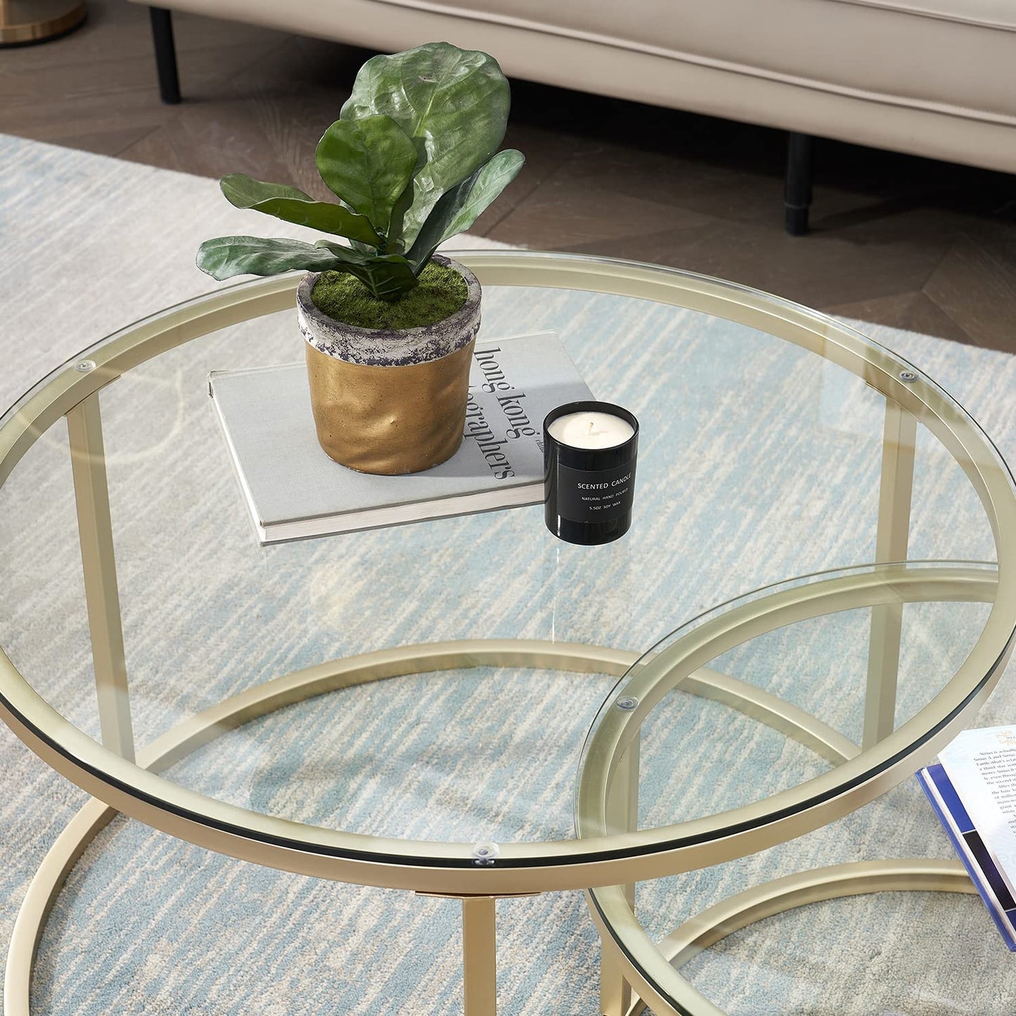 EGOONM 2-piece set round coffee table, round modern glass table with gold metal frame, (80*80*45cm+60*60*35cm)